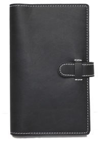black imitation leather journal with white stitching